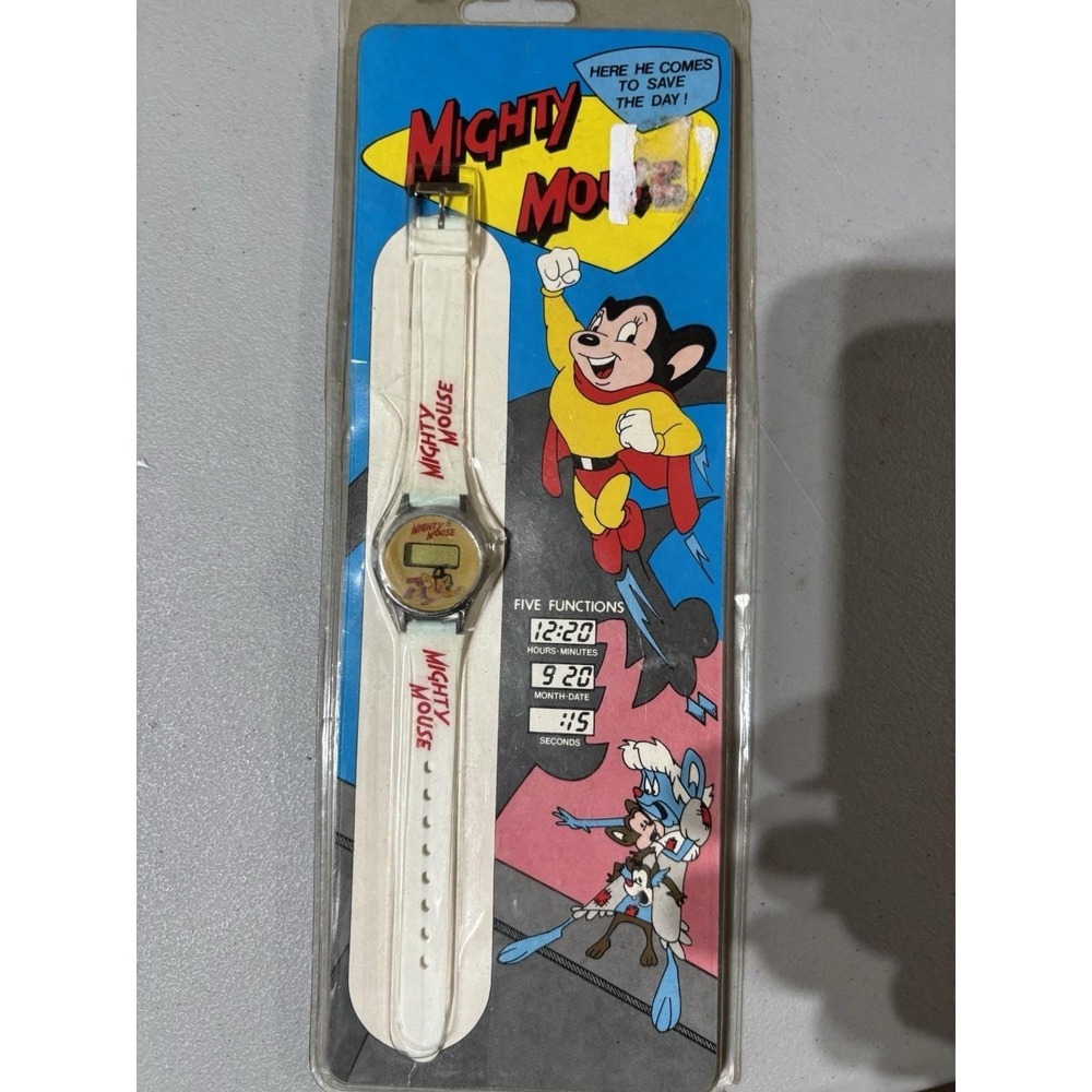 1990 Mighty Mouse Viacom LCD Comic Character Watch White